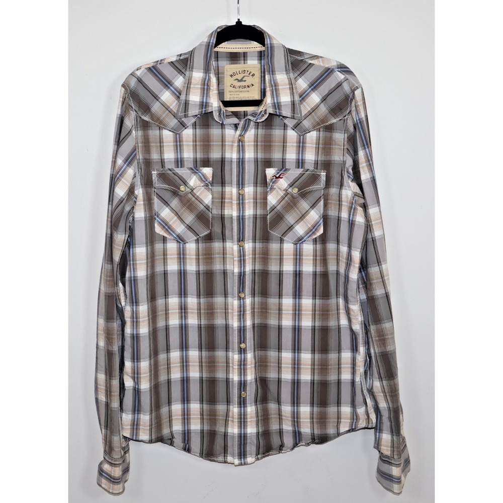 Hollister Western Pearl Snap Shirt Men Size X-Large Brown Plaid Long Sleeve